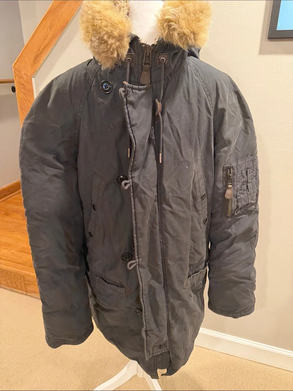 J. Crew Men's Military-Style Parka in Charcoal with Faux-Fur Trim